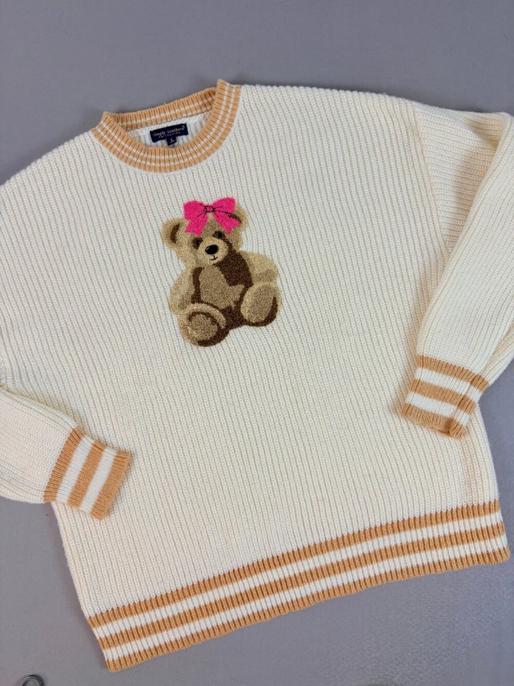 Simply Southern Teddy Bear Pink Bow Chunky Knit Sweater Cream Tan L